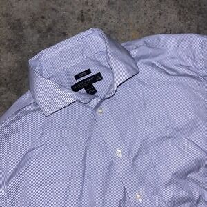 Pronto Uomo Dress Shirt Mens 17 34/35 Blue White Striped Non Iron Classic Cotton